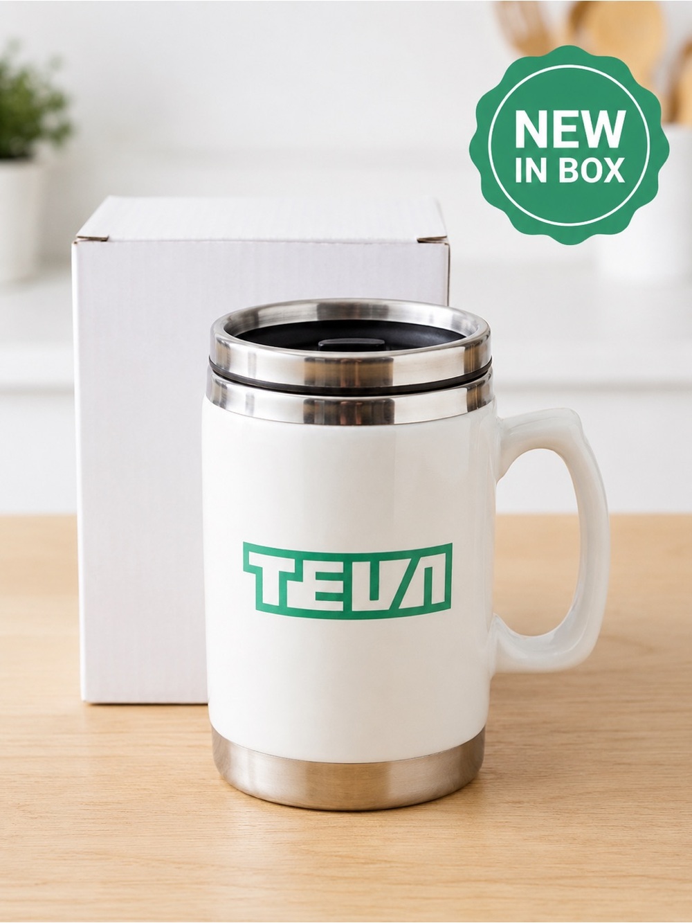 NWT TEVA Ceramic Stainless Steel Travel Coffee Mug White Green Logo 5.5” w/ Lid